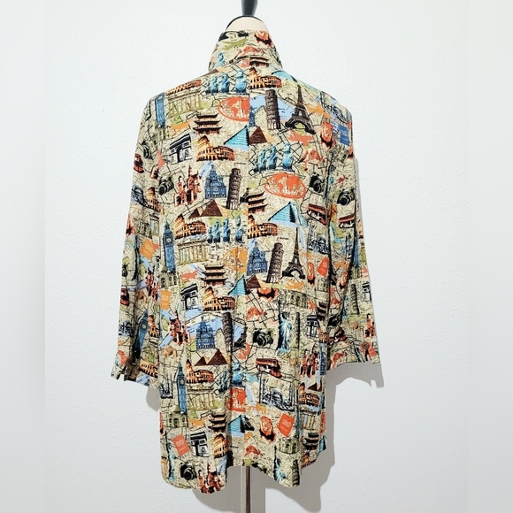 John Mark Women’s Travel Print Button Front Shirt Top Tunic SZ Medium 3/4 Sleeve - Picture 4 of 13